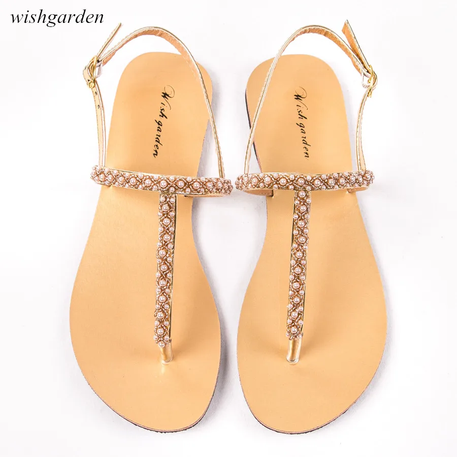 2020 NAUJAS Moterų Mados vasaros bohemijos pearl sandalai moterims Atsitiktinis paplūdimio šviečia boho bateliai T-diržas dirželis fifo Šlepetės