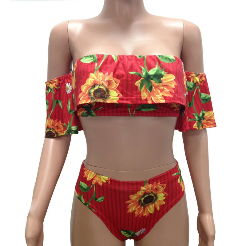 IASKY moterų off peties Raukiniai Bikini Komplektas 2018 seksualių moterų spausdinti gėlių aukšto juosmens maudymosi kostiumėlį, Maudymosi Kostiumas, paplūdimio drabužiai