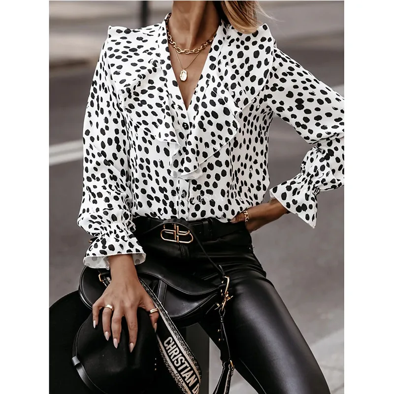 Moterų Pynimas Marškinėliai Palaidinė 2021 Outwear Leopardas Spausdinti ilgomis Rankovėmis Prarasti Viršūnes ilgomis Rankovėmis Office Lady Marškiniai Nauji V-kaklo, Palaidinukės