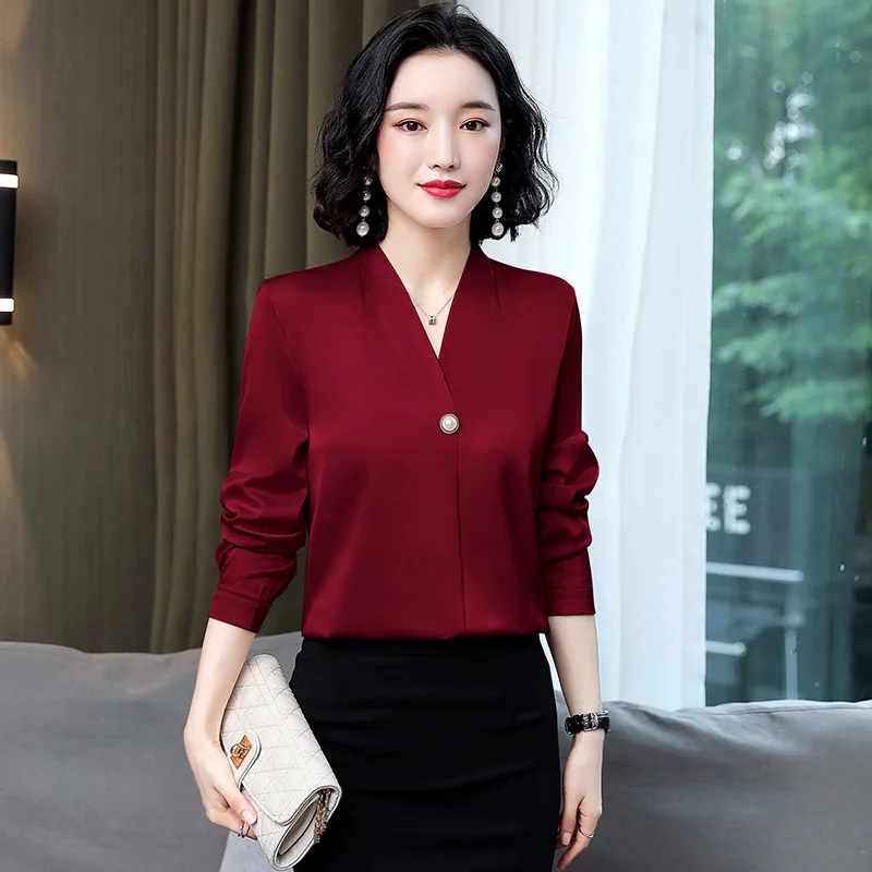 Korėjos Plius Dydis Šifono Marškinėliai 8 Spalvos Naujas Mados V-neck Slim Mygtuką Viršuje 2021 Šilko Satino ilgomis Rankovėmis Office Palaidinė Moterims 13043