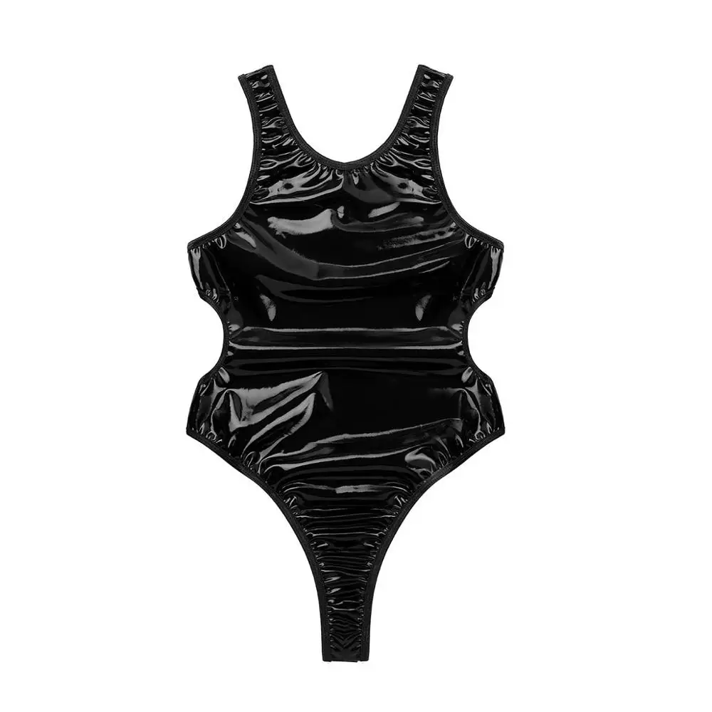 Moterų Latekso Casuit maudymosi kostiumėlį Wetlook Odos Rankovių Backless Aukštos Sumažinti Thong Bodysuit Leotard moteriškas apatinis Trikotažas, Vienas gabalas Bodysuit