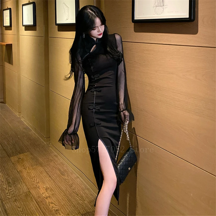 Moterų Derliaus Kinijos Cheongsam Ilgomis Rankovėmis Juoda Nėrinių Seksuali Suknelė Padalinti Šviesą Mygtuką Qipao Mergina Gotikos Stiliaus Sijonas Šalis Nešioti