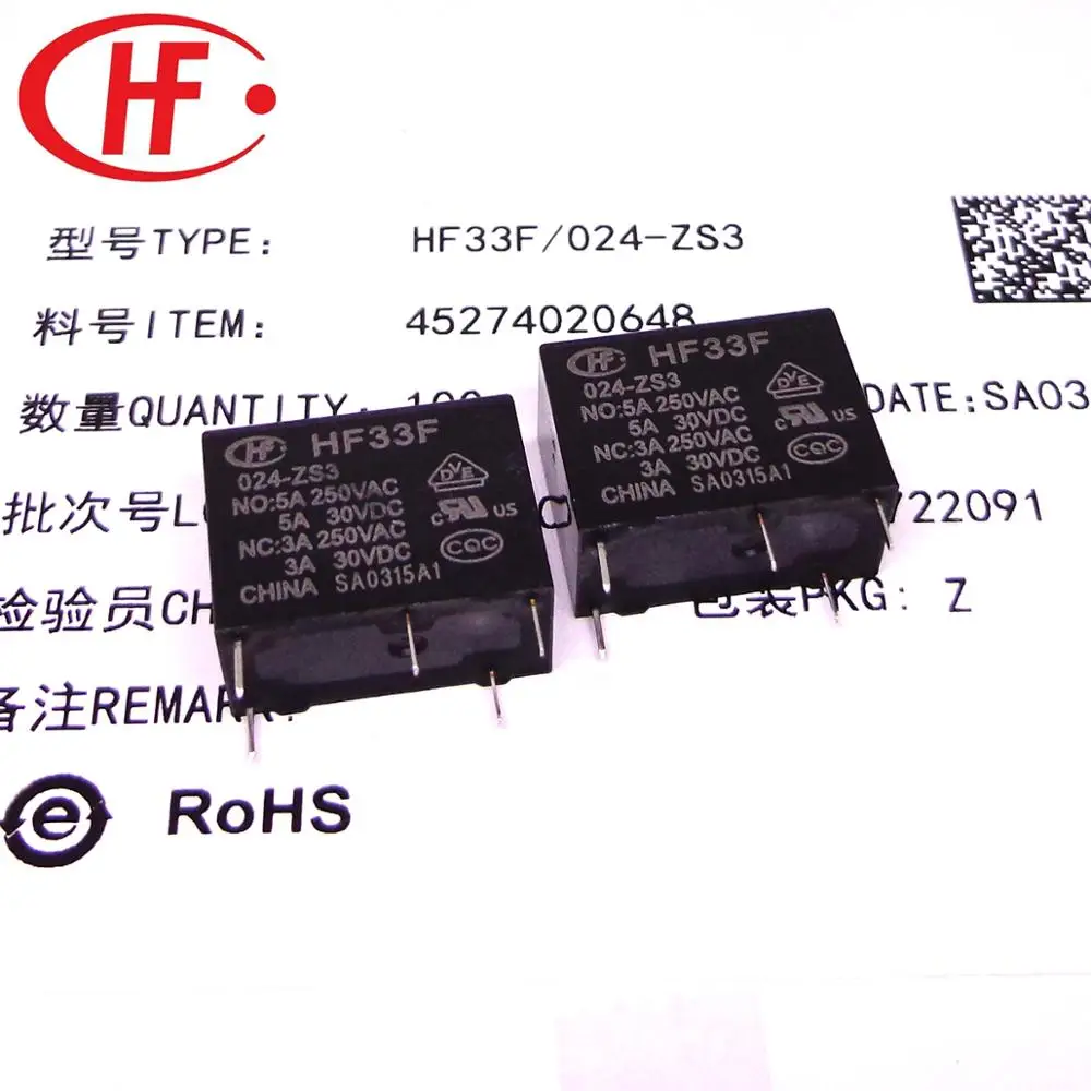 100VNT/BOX HF relay JZC-33F HF33F 005 012 024 -ZS3 HF33F 5V (12V 24V 5A 5PIN relay naujas ir originalus
