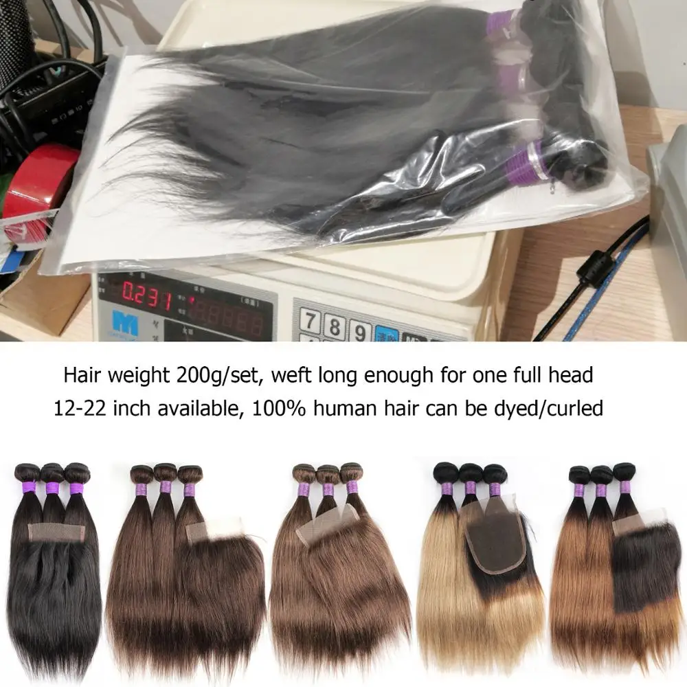 Mogul Plaukų 3 Ryšulius su Uždarymo 200g/set Juoda Spalva Tiesių Plaukų Pynimas 12-22 colių Brazilijos Remy Human Hair