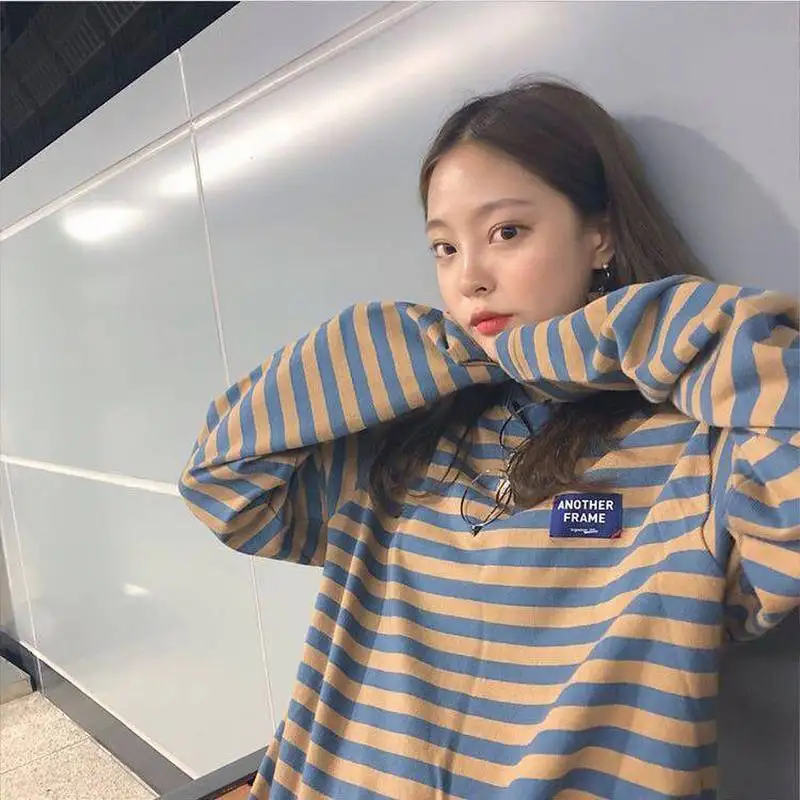 Korėjos Rudens Juostele Moterų Ilgas Rankovėmis marškinėliai Moteriška Laisvas Megztinis Harajuku Viršuje Apvalios Kaklo Mados Marškinėliai, didelio dydžio marškinėlius