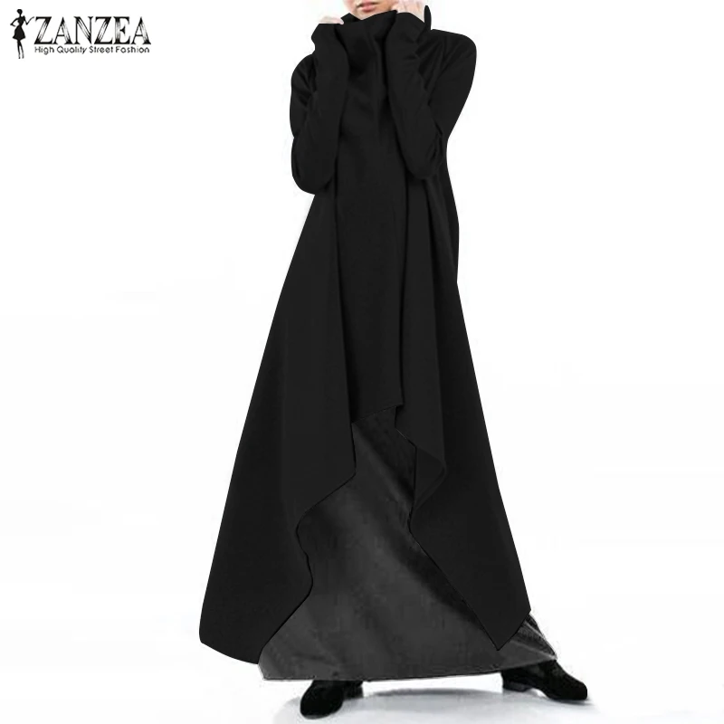 Rudenį Hoodies Sundress Moterų Asimetrinė Suknelė 2021 ZANZEA Golfo ilgomis Rankovėmis Megztiniai Maxi Plus Size Vestidos Skraiste