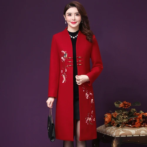 Aukštos Kokybės Žiemos korėjos Retro Stiliaus Raudonos spalvos, Siuvinėta Moterų Vilnoniai Paltai Elegantiškas Komfortą Sutirštės Moterims Švarkai vidutinio amžiaus