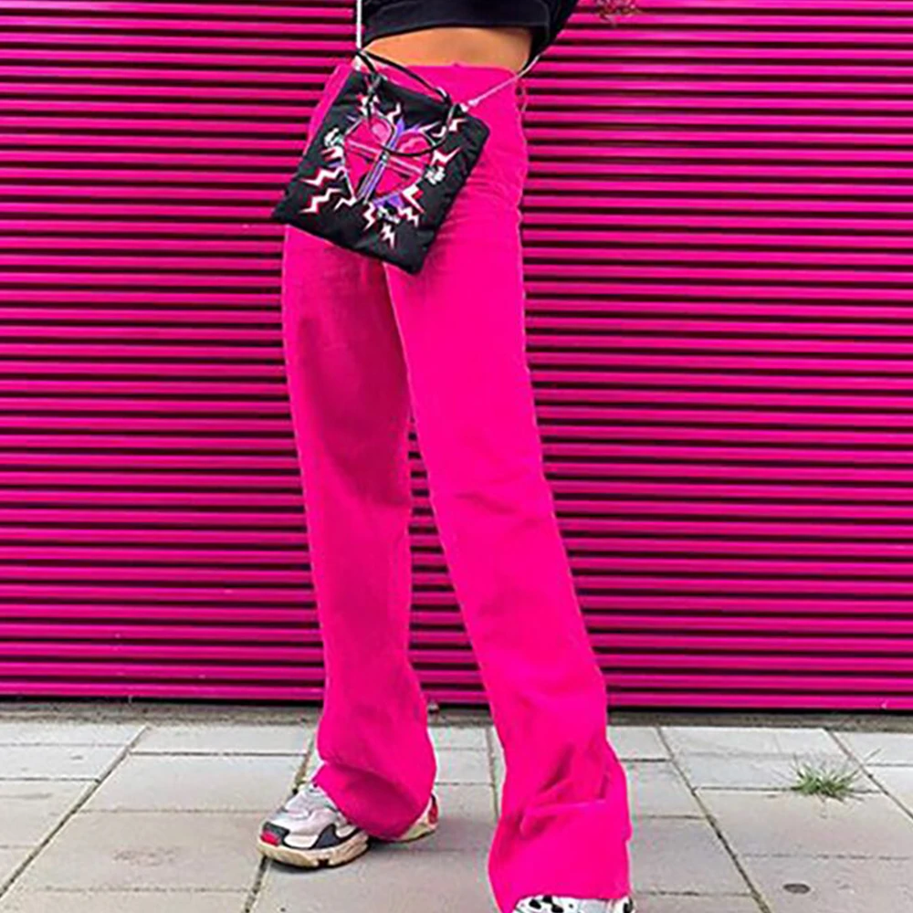 OMSJ 2019 Nauji Aukštos Juosmens Mados Streetwear Moterų Kieto Visas Ilgis Kelnės Prakaito Kelnės Elastingos Juosmens Neon Pink Blyksnius Dugnas