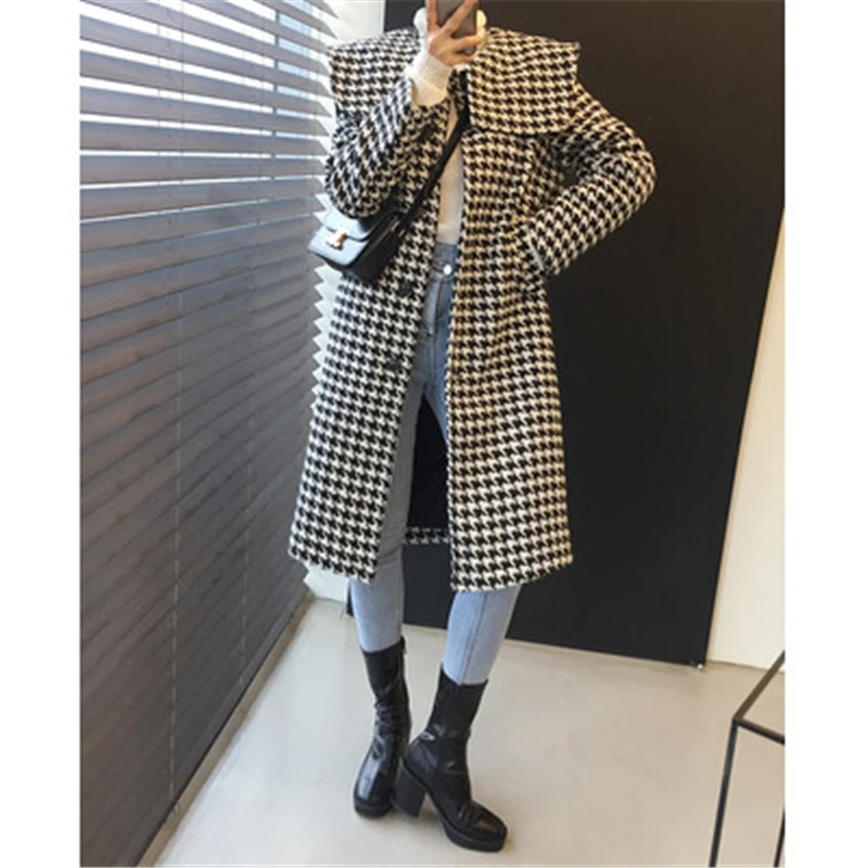 Moterų Pledas Vilnonis Kailis Atsitiktinis Palaidų Tiesiai Vėjo Striukės Moterų Klasikinis Houndstooth korėjos Office Lady Outwear 2020 Naujas