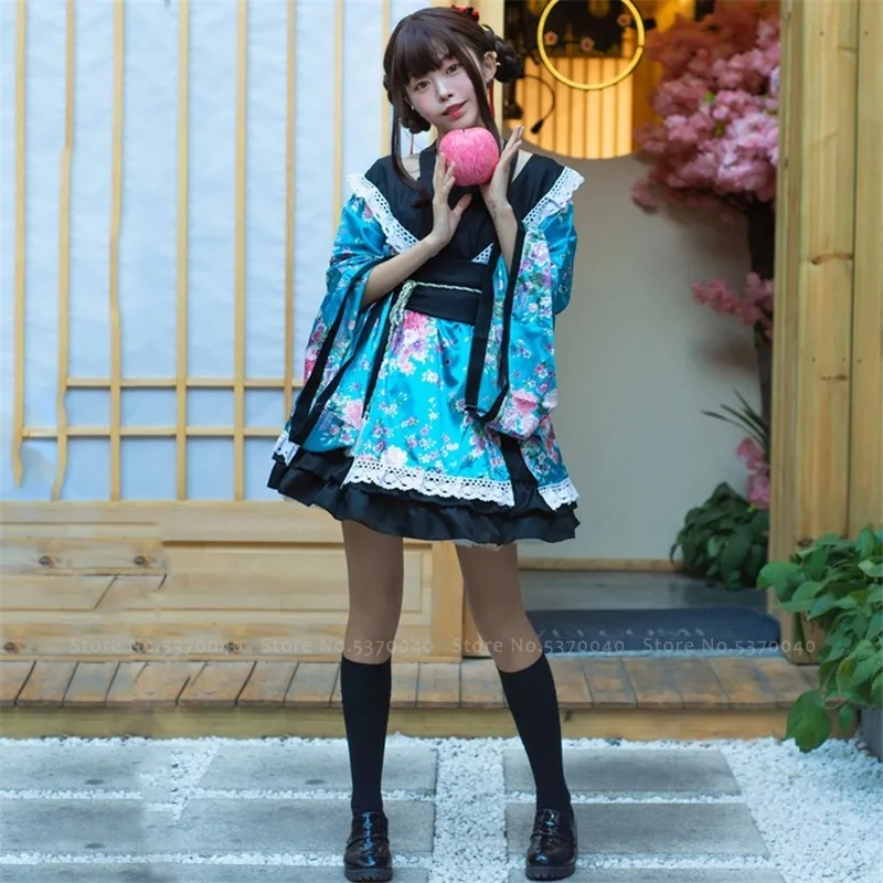 Tradicinis Japonų Lolita Anime Cosplay Kostiumų Kimono Suknelė Moterims Sakura Yukata Tutu Kawaii Girl Haori Šalies Scenos Apranga