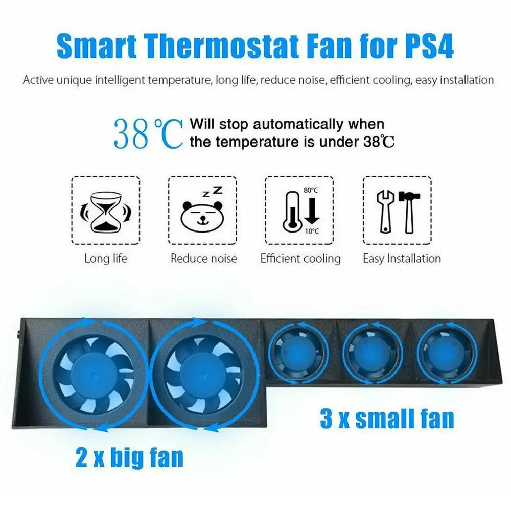 PS4 Aušinimo Ventiliatorius TP4-005 Smart Turbo Protingas Temperatūros Kontrolės 5 Gerbėjai PS4 Priimančiosios USB Aušinimo Radiatorius