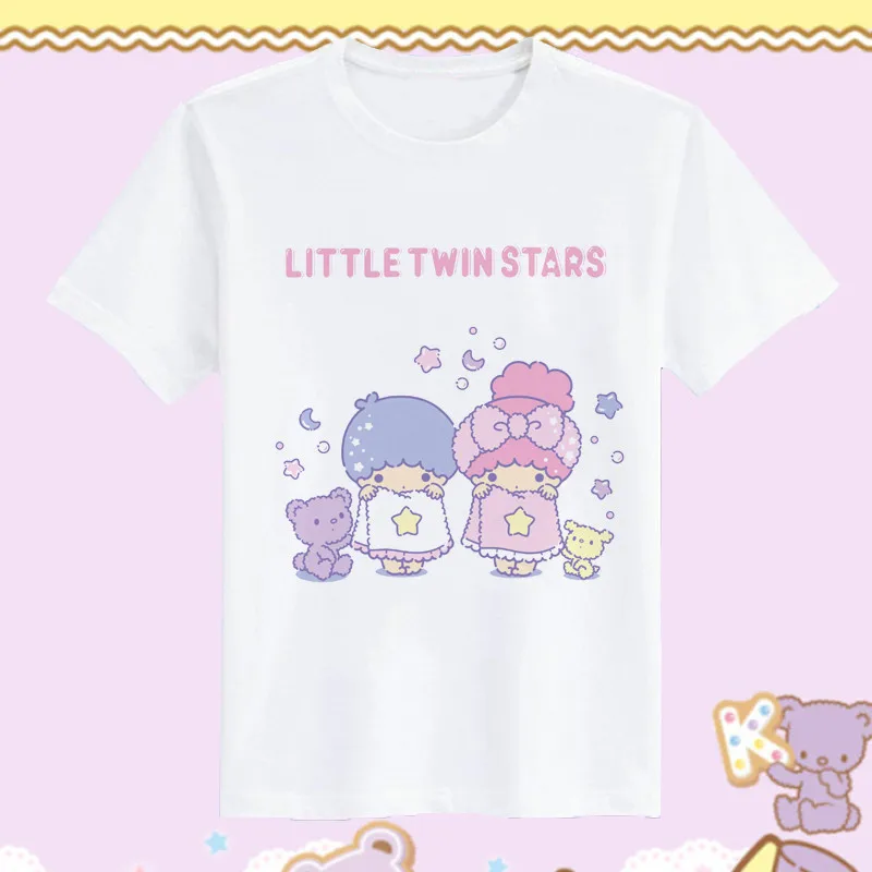 Harajuku Japonijos Moterys T-shirt Mergina Cartton Mažai Twin Star marškinėliai Atsitiktinis Lolita Top Tee Individualų T-marškinėliai Moterims