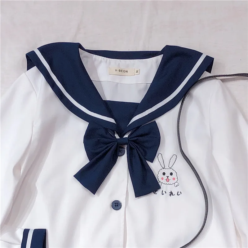 Lolita Girl Triušis Sailor apykaklės Marškinėliai Japonijos Preppy Stiliaus Minkštas Sesuo Studentų Kawaii Triušis Siuvinėjimo ie Palaidinė Su Kaklaraištis