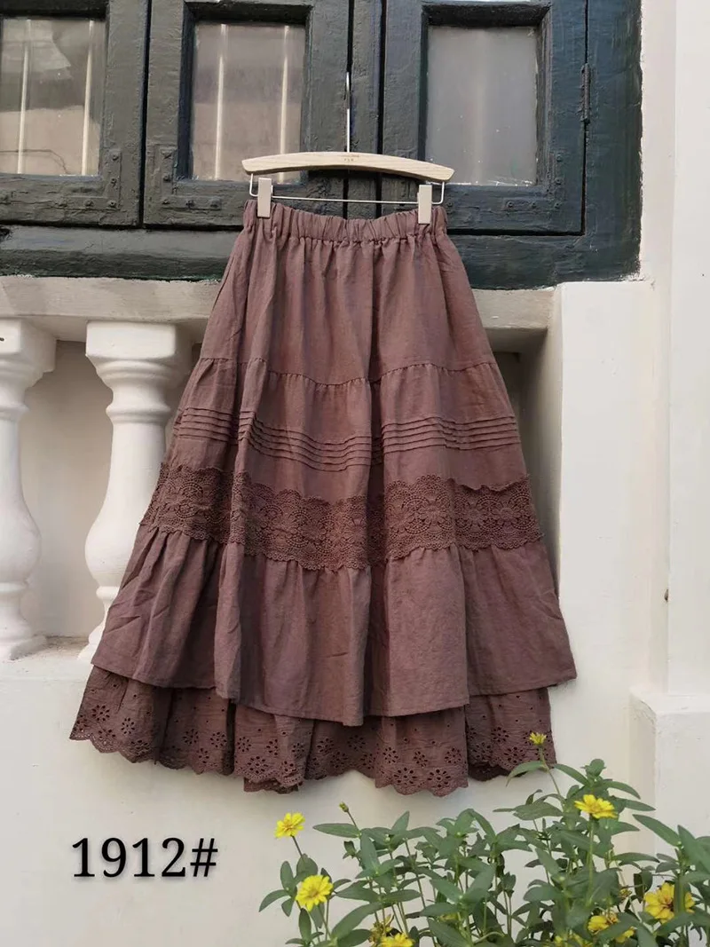 Nauja rudens sijonas moterims medvilnės, lino sijonas Japonijos stiliaus, siuvinėtų kietas atsitiktinis sijonas