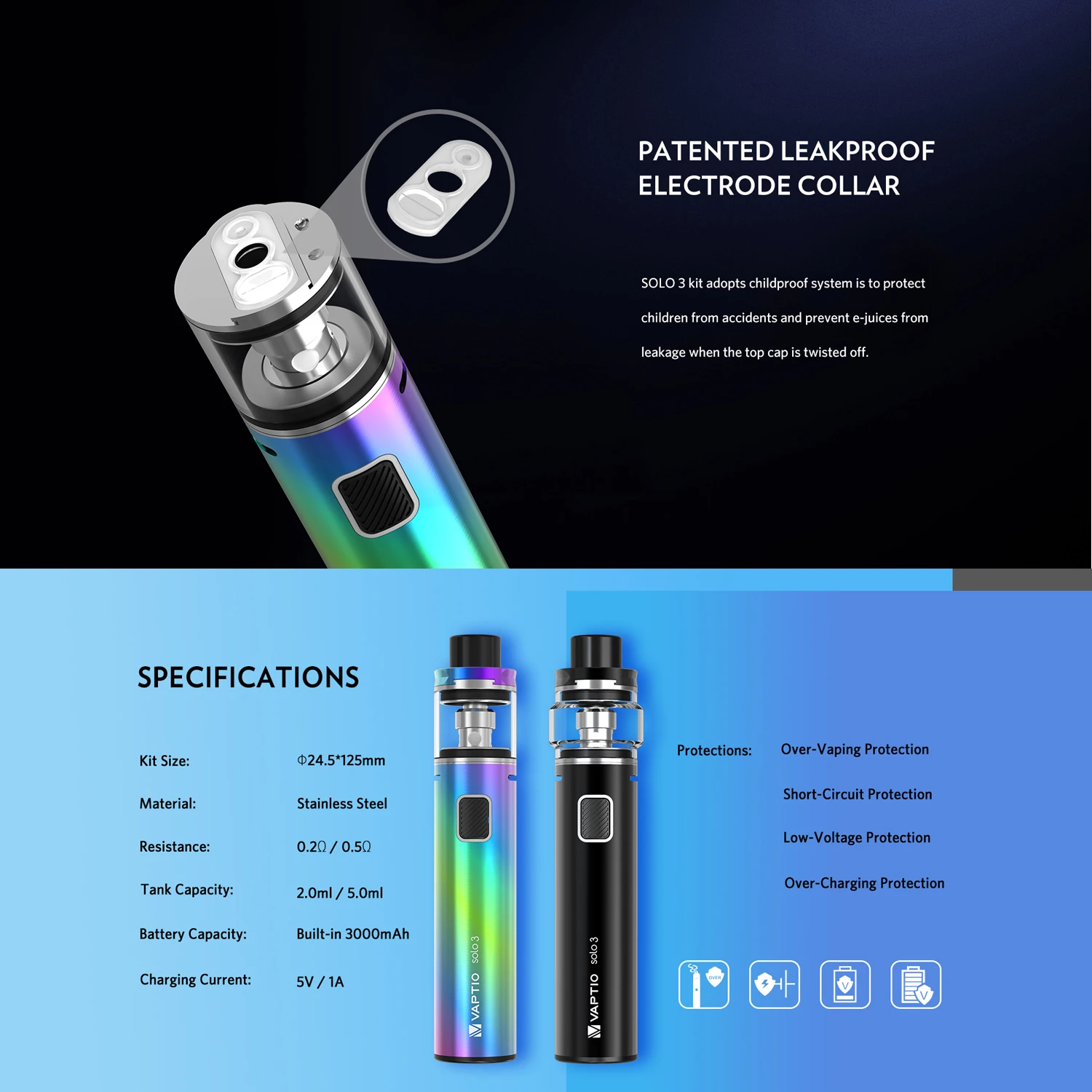 Naujas Punktas Originalus Vaptio Solo 3 RINKINYS Su 3000mAh įmontuota Baterija 2.0/5.0 ml Reguliuoti Garų Elektroninių Cigarečių Garintuvas