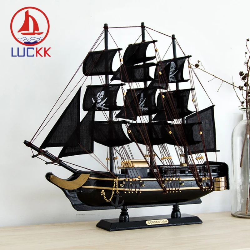 LUCKK 50CM Mediterrean Stiliaus Medinės Statulėlės Piratų Laivo Modelį Jūrmylių Klasika Medienos Amatų Namų Puošybai Jūros Priedai