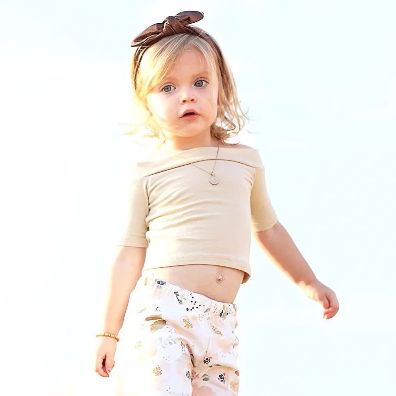 Mados Europos Baby Girl Velniop kaklo Trumpi Marškinėliai Kieto spalvų T-shirs Šukuotinės Medvilnės Palaidinė Mergaitėms Marškinėliai Vasaros Vaikų drabužiai