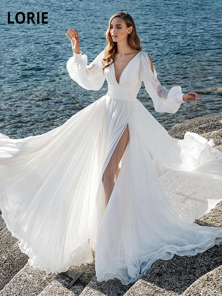 LORIE Paplūdimio Šifono Vestuvių Suknelės Baltos 2020 Ilgai Reljefiniai Rankovėmis V-kaklo Aukštos Ritininės Vestuvinės Suknelės Atvira nugara Vestuvės Suknelės