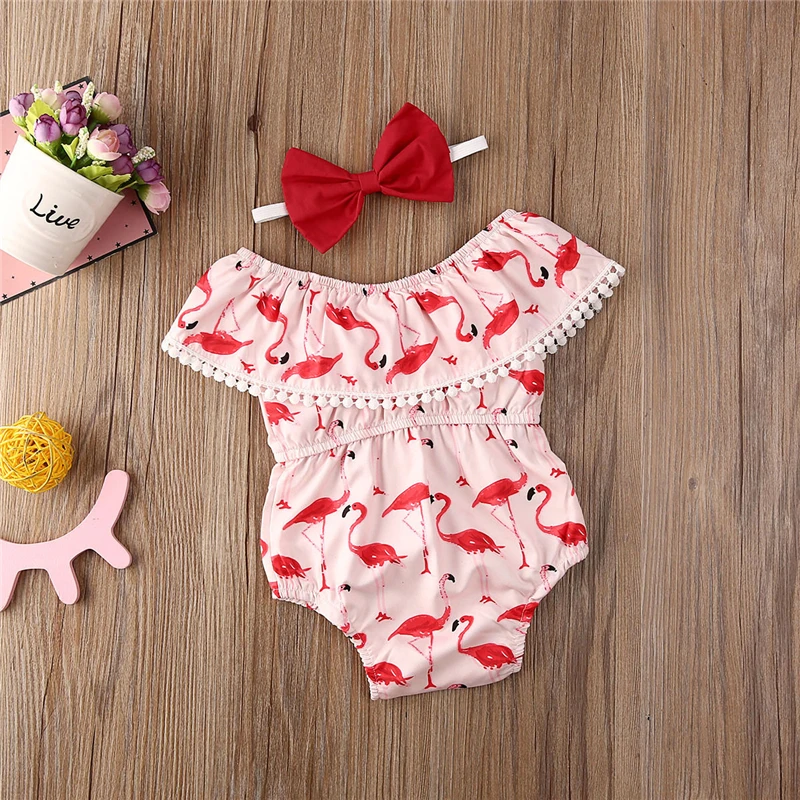 0-24M Baby Girl Lankas Rankovių Romper Mergaičių Gėlėti Off Peties Kutas Jumpsuit Kūdikių Apranga Vasaros Flamingo Sunsuit