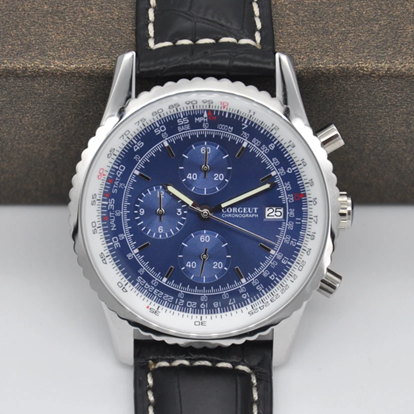 46MM Corgeut Vyrai Laikrodžiai Top Brand Prabanga Švytinčios mėlynos Žiūrėti Vyrų Odos Chronograph Kvarcas Žiūrėti Vyrų laikrodis Auto Data