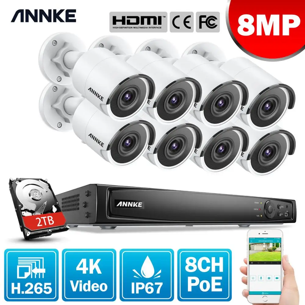 ANNKE 16CH 4K Ultra HD POE Tinklą, Vaizdo Apsaugos Sistemos 8MP H. 265 NVR Su 8pcs 8MP EXIR Naktinio Matymo IP67 Kulka IP Kameros