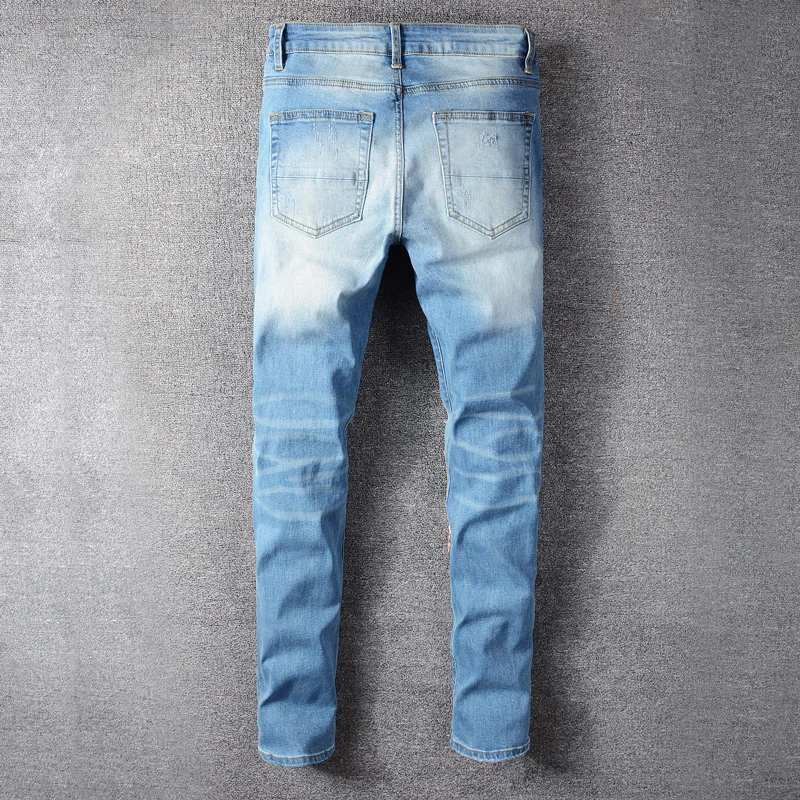 Mados Streetwear Vyrų Džinsai Aukštos Kokybės Mėlynos Spalvos Elastinga Slim Fit Ripped Jeans Punk Kelnės Lopų Dizaineris Hip-Hop Kelnės