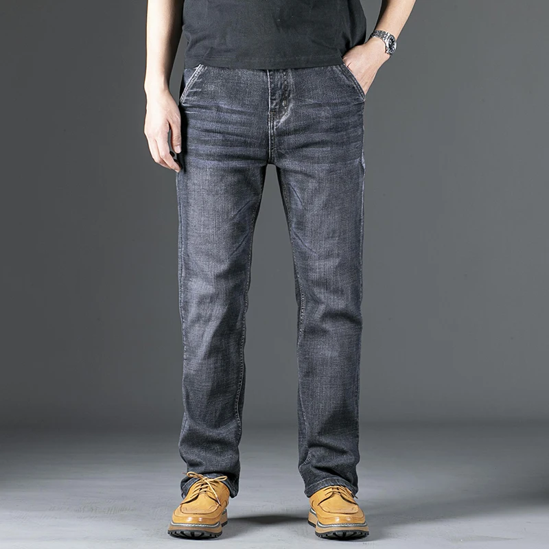 Vyriški plius dydis 46 48 50 springautumn naujus džinsus, tiesios kojos kelnės mados juoda/mėlyna/pilka aukštos kokybės ruožas medvilnės kelnės