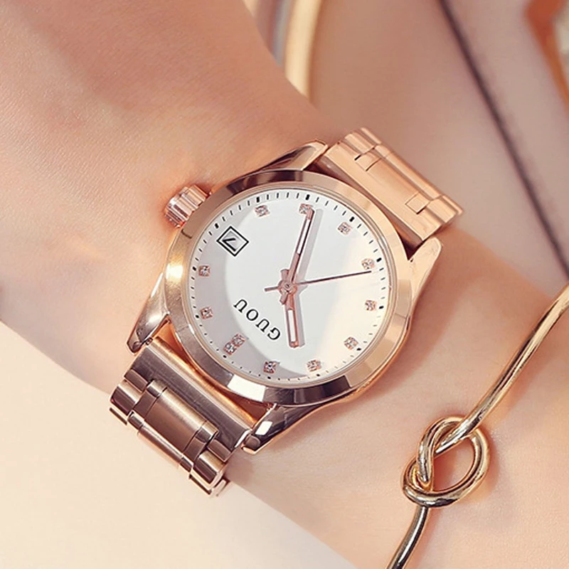 Laikrodžiai Moterims GUOU Mados Ponios Žiūrėti Moterų Laikrodžiai Apyrankė Rose Gold Laikrodžiai Kalendorius Laikrodis Diamond montre femme siųsti