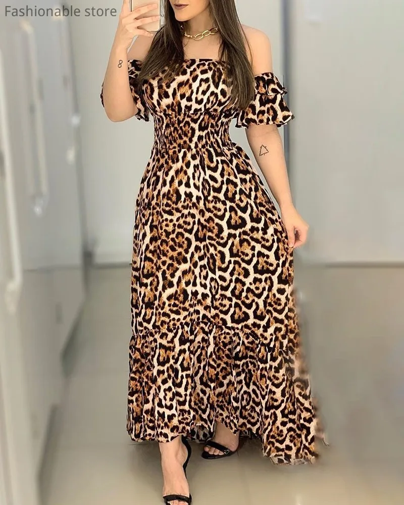 Moterys Vasarą Off Peties Leopardas Spausdinti Ilga Suknelė Atsitiktinis Shirring Dizaino Pynimas Maxi Suknelė