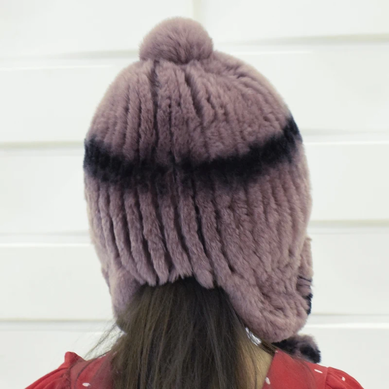 Merginos pompom Kailio Kepurę žiemą šiltas ausų kepurės su kamuoliukus rankomis megzti rex triušio kailis purus mados bombonešis skrybėlę