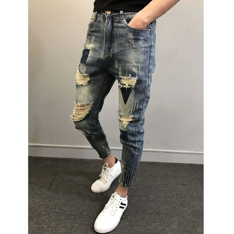 Didmeninė 2020 Mados krovinių Slim vyriškos kelnės vasaros vyriški džinsai krūva kojų skylę kulkšnies ilgio kelnės laukinių denim džinsai vyrams