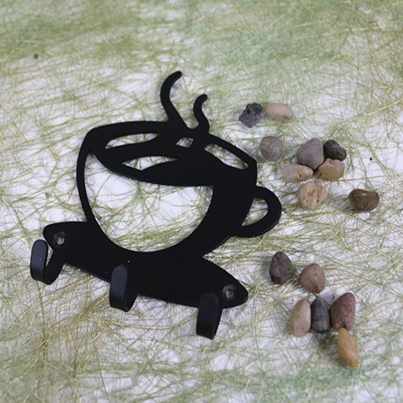 3 Mažas meno objektas, Kabliukai, Metalinės Juodos Kavos Puodelio Formos Kabliukas Raktų pakabukas Vonios Sienelės Rack Mount Dekoro Pakaba Organizatorius Kablys