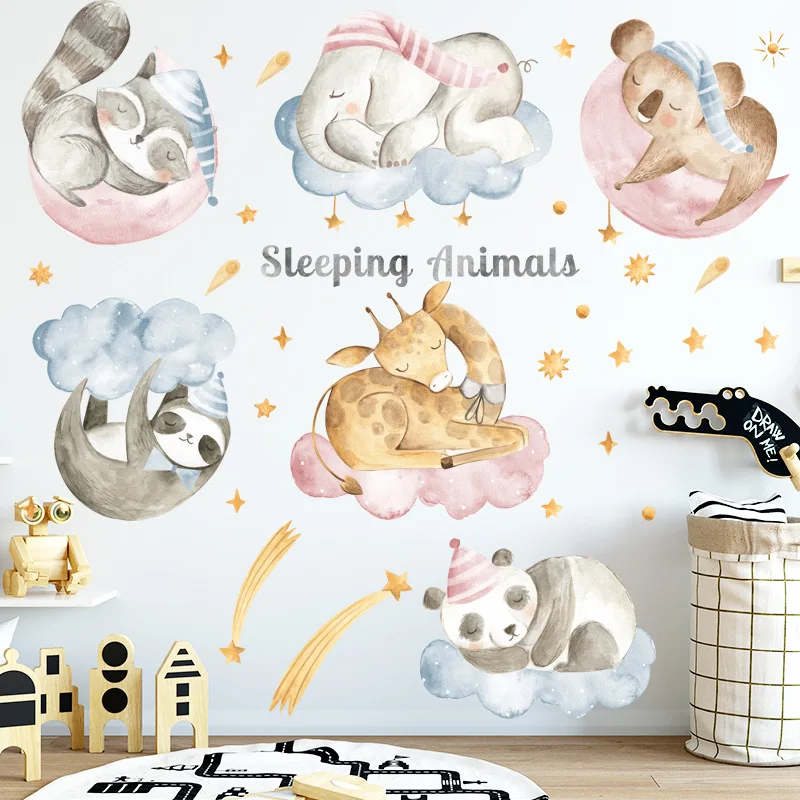 Animacinių filmų Gyvūnų Kūdikis Miega Sienų Lipdukai Panda Dramblys Sienų Lipdukai Vaikų Kambarys, žaidimų Kambarys Kūdikių Nursey Namų Decoartion