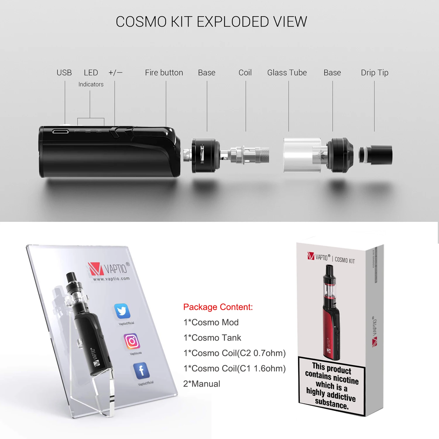 【Korėja Išskirtinis】VAPTIO Cosmo rinkinys 30W Elektroninių Cigarečių 1500mAh baterija Vape mod 2.0 ml purkštukai 510 sriegis Vaper starter Kit