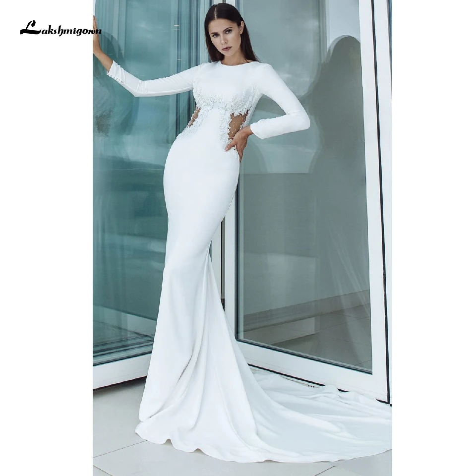 Atviros Nugaros Drabužius Satin White Undinė Vestuvių Suknelės ilgomis Rankovėmis 2020 Skraiste Longue Seksualus Nuotakos Suknelė O-kaklo Afrikos Vestuvių Suknelės