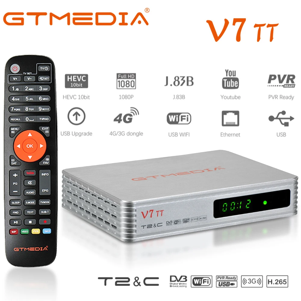 Sidabro spalvos Naujas DVB-T/T2+DVB-C skaitmeninės Antžeminės televizijos imtuvas tiuneris dvb GTMEDIA V7 TT palaiko 3G/4G dongle H. 265 greitai dekoduoti
