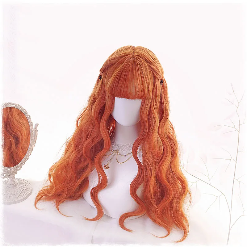 Harajuku Japonijos Saldus Lolita Perukai Princesė Ilgai Orange Garbanotas Banga Perukas Helovinas Šalis Cosplay Hairpiece Sintetinių Plaukų + Kepurė
