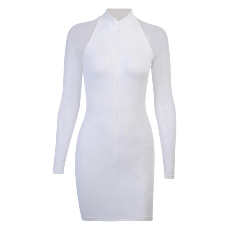 InstaHot moterų tinklinio sujungimo užtrauktukas mini suknelė visiškai skaidri mova elegantiškas bodycon 2020 streetwear atsitiktinis vasaros moteriška suknelė