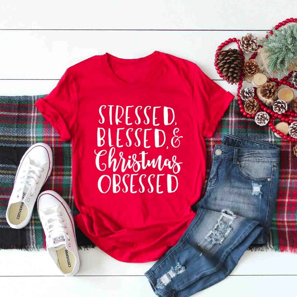 Pabrėžė, Palaimino ir Kalėdų Apsėstas T-Shirt moterims, mados šūkis Krikščionių estetinės camisetas tumblr marškinėliai raudona tees - K017