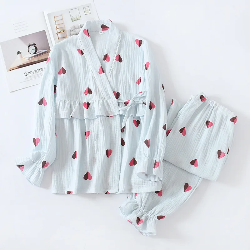Saldus Japonų sleepwear moterų pižama rinkiniai pavasario krepo medvilnės ilgomis rankovėmis naktiniai drabužiai moterims, pižamos homewear