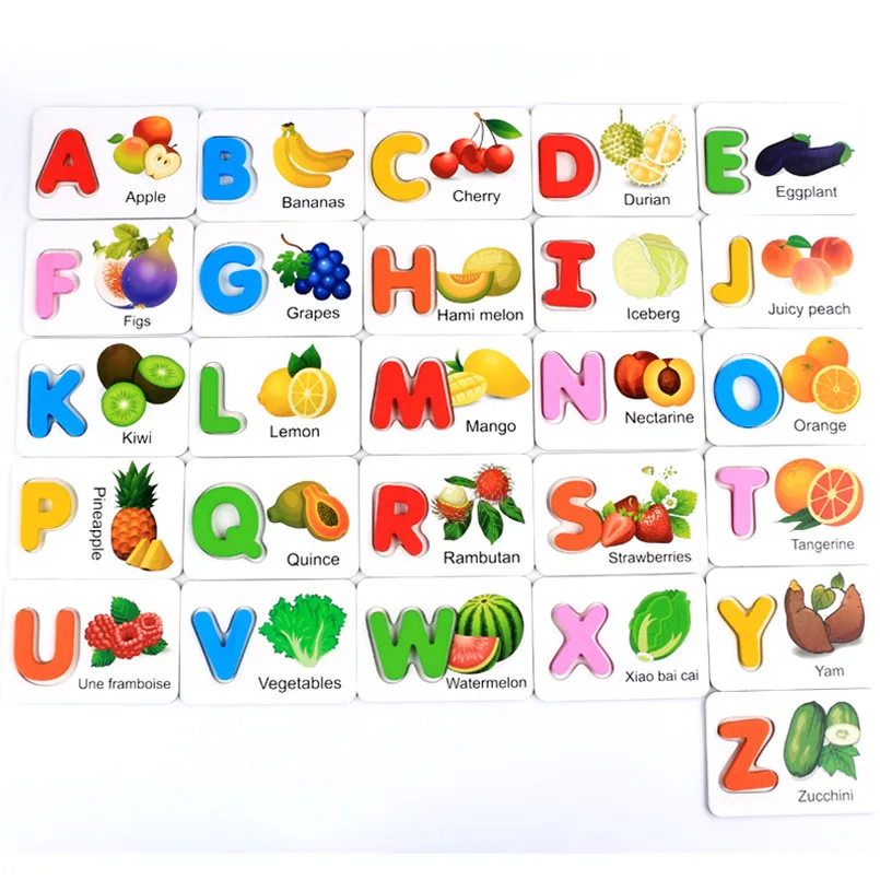 Vaikai anglų 26 Raidės ABC Žodžio Pažinimo Korteles Abėcėlė Žaislas Medinis Vaisių, Daržovių Rungtynės Žaidimai Švietimo Įspūdį Žaislai