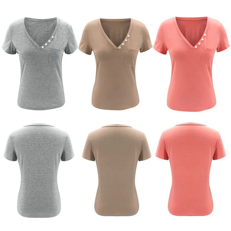 2020 Moterys Vasarą Karšto Pardavimo Viršutinės Kūno Kišenėje Marškinėliai T-shirt Miesto Atsitiktinis V-kaklo, Trumpas rankovėmis Mygtuką Moterų Patogūs marškinėliai
