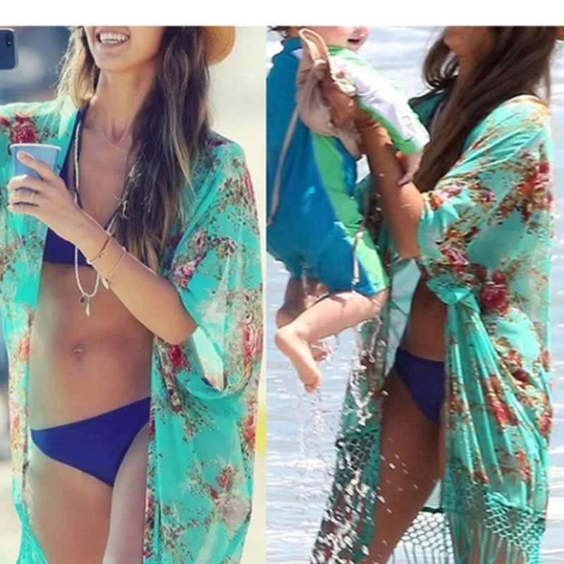 Moterų Paplūdimio Palaidinė Padengti Iki Ponios Apsauga Nuo Saulės, Drabužiai Boho Tunika Kimono Žalia Kutais Skara Kimono Šifono Marškinėliai