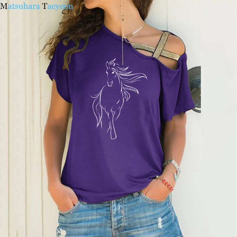 Vasaros Mados Kūrybos Arklių medvilnės T-shirt spausdinti moteriški marškinėliai atsitiktinis juokinga T Shirts Nereguliarus Nerijos Kryžiaus Tvarstis Viršūnes Tee