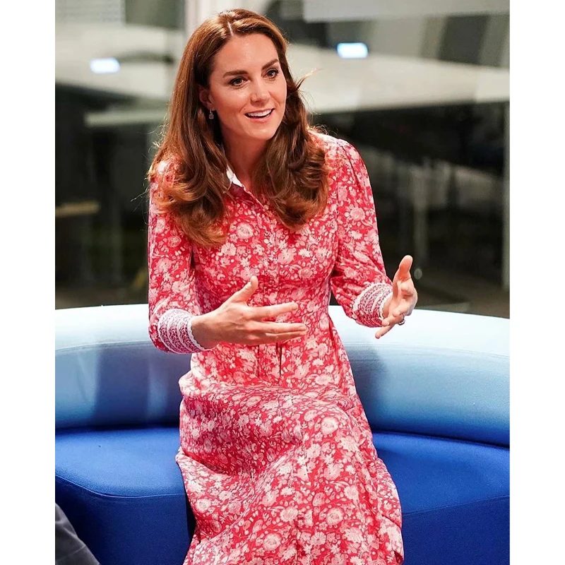 Kate Middleton Pavasarį, Rudenį Naujų Moterų Mados Šaliai, Derliaus Elegantiškas Prašmatnus Gentlewoman ilgomis Rankovėmis Spausdinti Midi Suknelė
