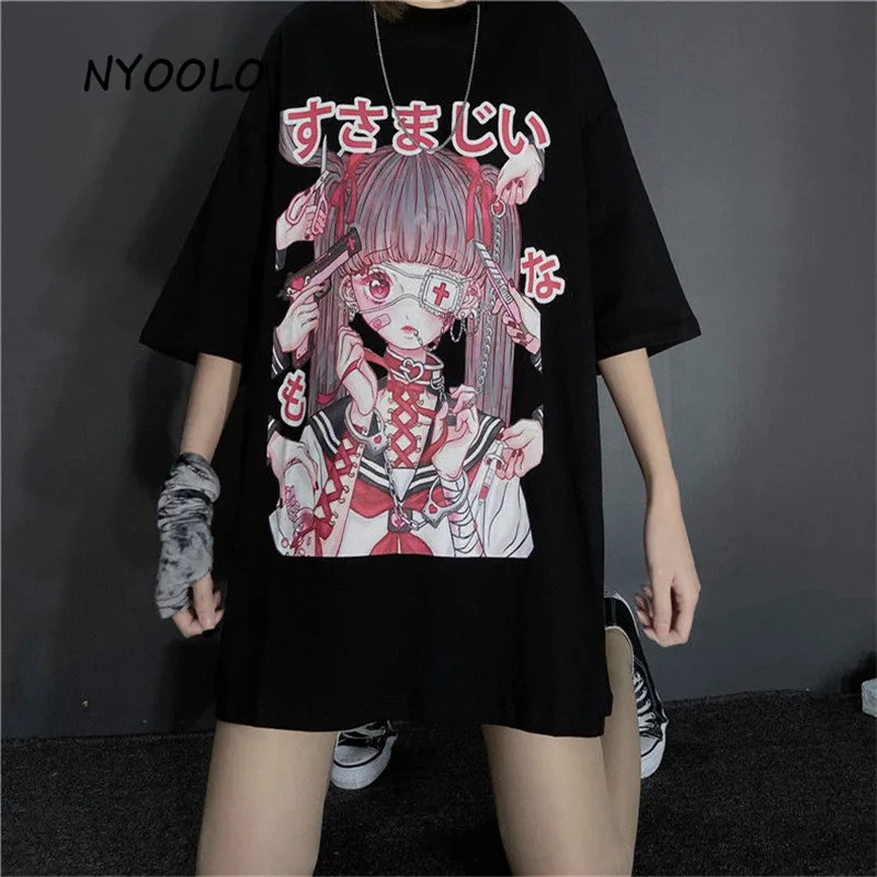 NYOOLO Derliaus streetwear anime Nukentėjusioji mergina spausdinti trumpomis rankovėmis T-shirt moterims, drabužiai Vasarą laisvi O-kaklo black marškinėliai, topai