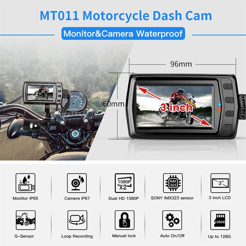 Vikewe MT011 Motociklo Kamera Brūkšnys Cam Vandeniui Dual Moto HD 1080P DVR 160° GPS WiFi Įrašymo Kamera, G-Sensorius Loop Įrašymo