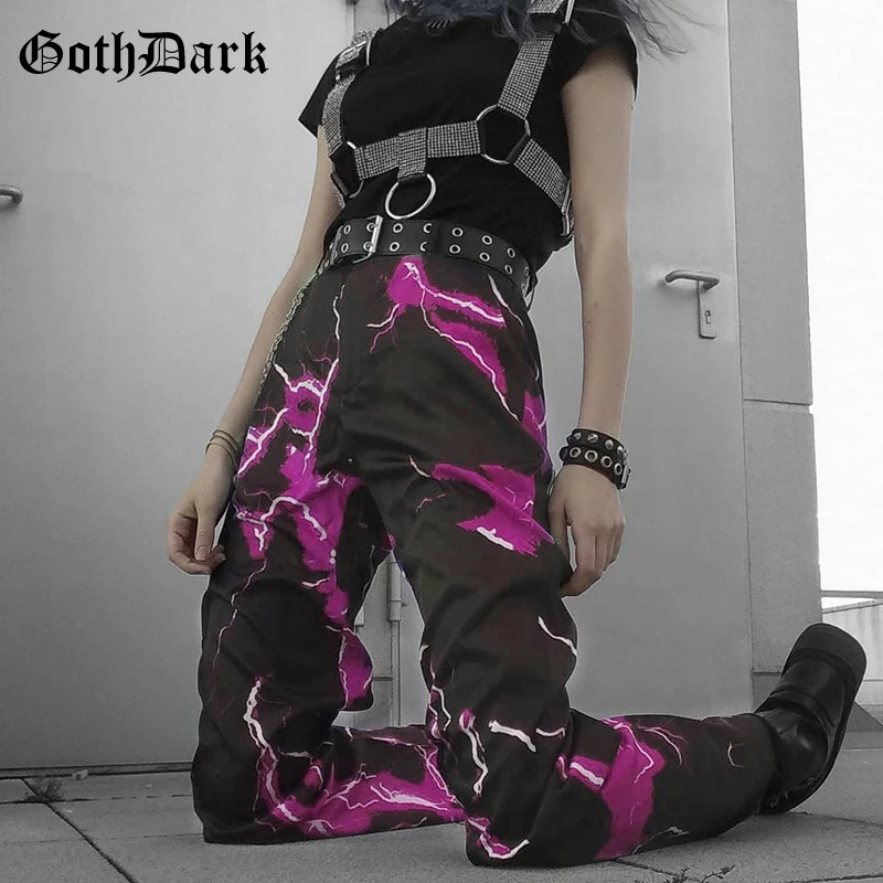 Goth Tamsiai Mados Žaibo Kaklaraištis Dažų Gotikos Kelnes Punk Cool Aukštos Juosmens, Palaidi Leg Hip-Hop Kelnės Streetwear Moterų Rudens Drabužiai