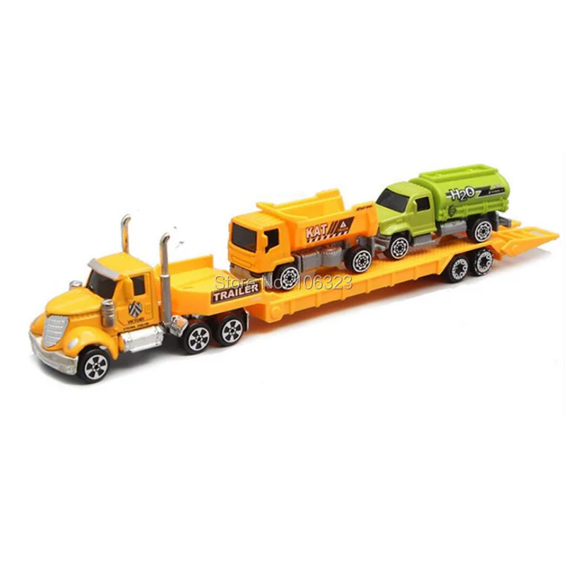Naujas 1set : 1 Bortinis Krovinių Sunkvežimiai su 2 Automobilių, lieto Metalo Kolekcinių Modelių, Priekabos, Talpyklos dėl Flatcar Vaikas Žaislai