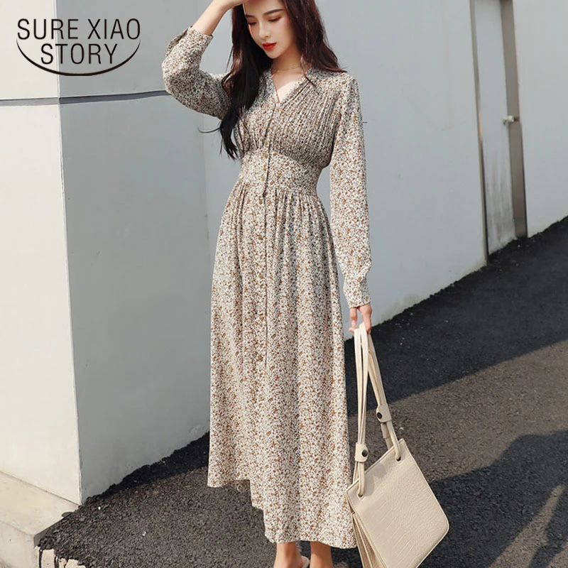 Elegantiškas-Line Gėlių Spausdinti Šifono Imperijos V-Kaklo Mados Korėjos Moterų Suknelė 2020 Ilgomis Rankovėmis Mygtuką Derliaus Suknelės 8560 50